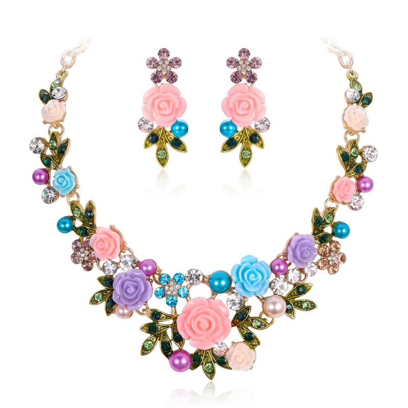 EVER FAITH Crystal Simulated Pearl Multicolor Rose Flower Leaf Bridal Necklace Pierced Earrings Set - Image 1